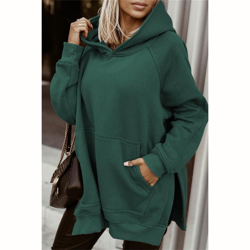 Women's Long Sleeve Solid Color Hooded Slit Sweatshirt - Silvis21 ™
